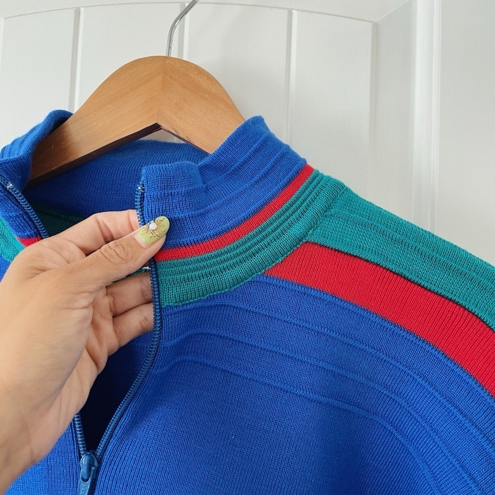 Vintage Colorblock Meister Sweater Blue/Green/Red 1/4 Zip Mock Collar Size L - Picture 3 of 6